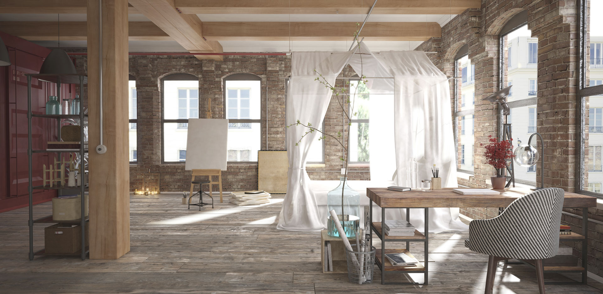 Rustic themed loft bedroom with wood interior